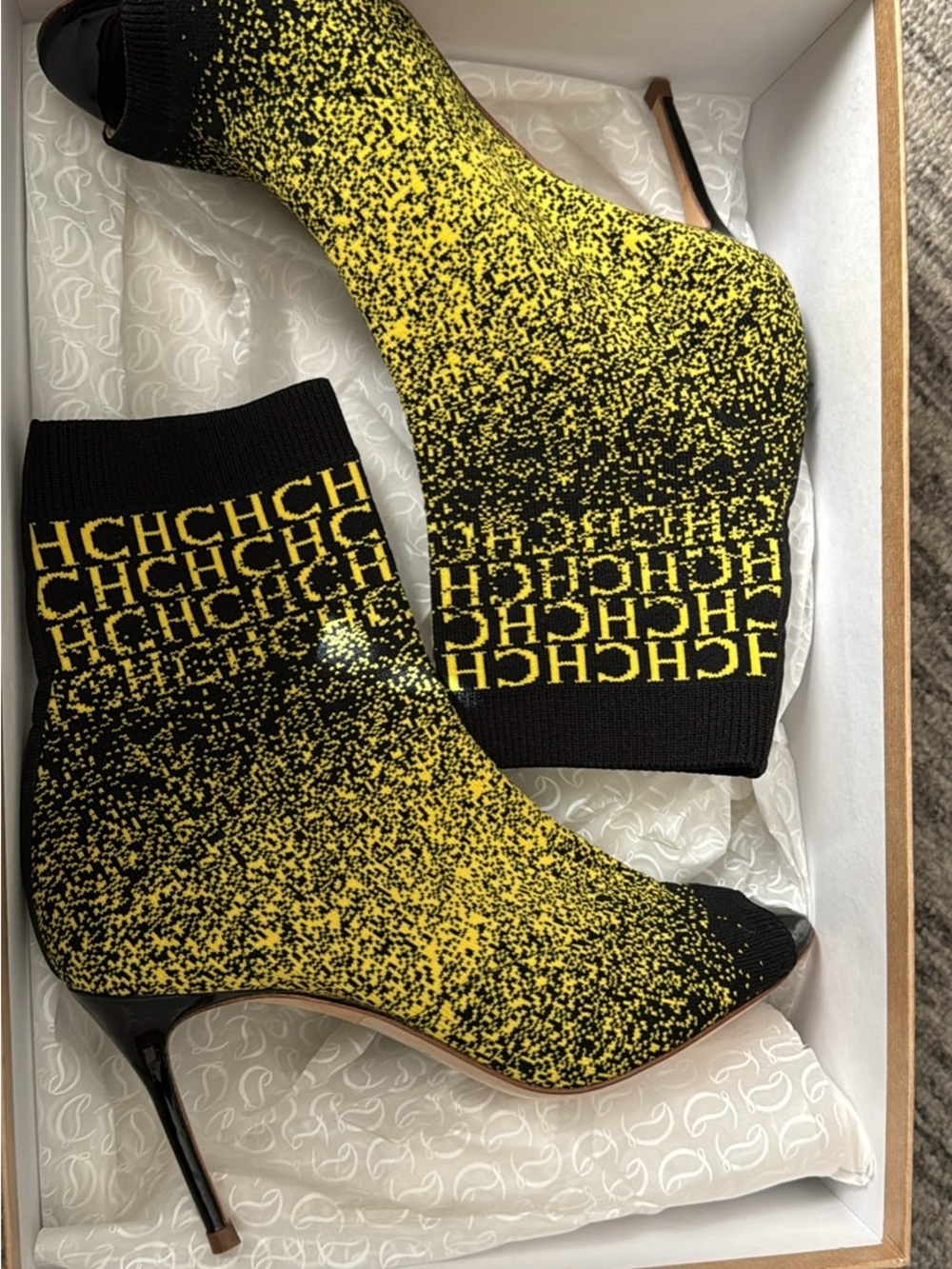 Carolina Herrera Yellow & Black Knit Sock Stiletto Boot